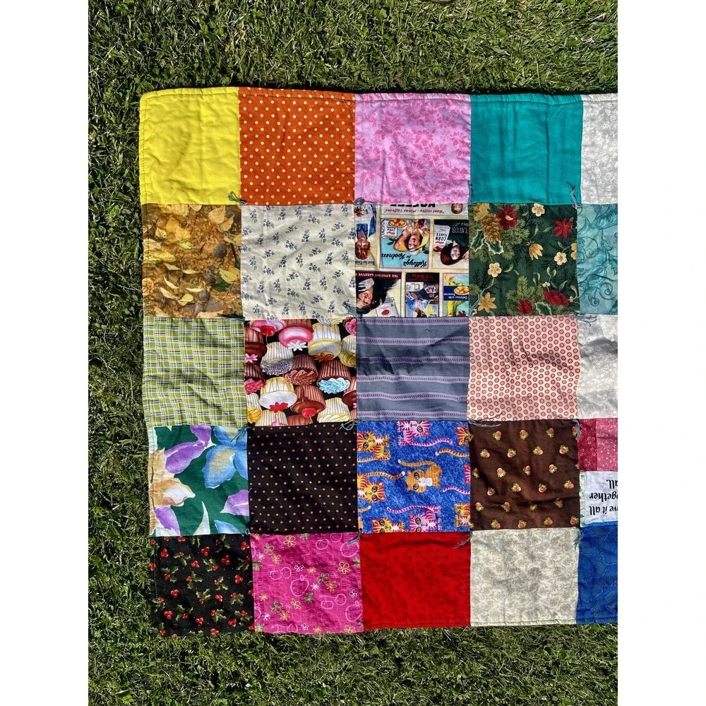 Handmade Patchwork Quilt Lap Throw Scrappy Cotton Multicolor Squares